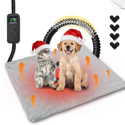 YeloDeer Pet Heating Pad for Dogs & Cats, Soft & Cuddly Heated Cat Bed with 9 Adjustable Temperature Levels (30–55℃) 12 Timer Settings (1–12H), Washable Cover with 4 Anti-Slip Pads 45 * 50cm, Grey