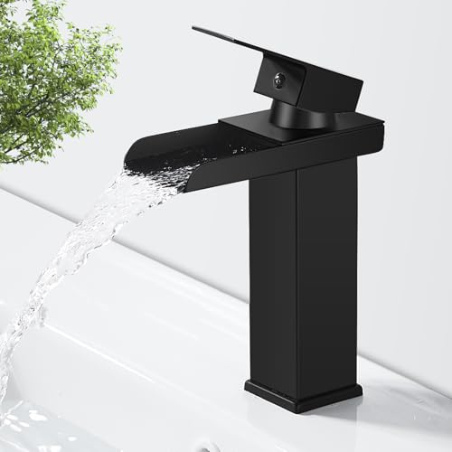 Grifo Lavabo Cascada Negro Grifo de Lavabo, Grifo para Baño de Latón Moderno, Monomando Lavabo Mezclador con Altura de Pico de 140 MM, Gran Salida de Agua, Agua Fría y Caliente Disponibles, G 3/8