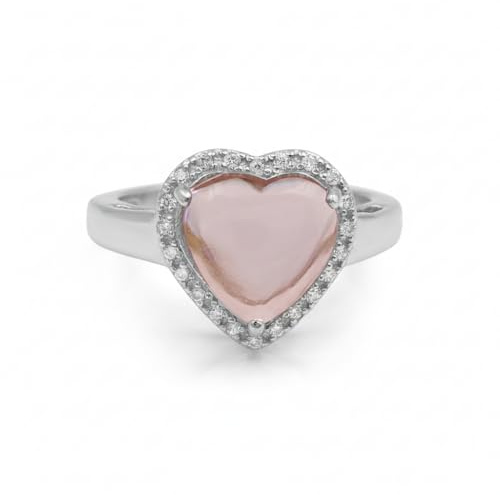 Anello solitario in argento Sterling 925 a forma di cuore con quarzo rosa taglio cabochon 8 mm pietra preziosa rosa zircone accento gioielli placcati oro, 56(17.8),O1/2, Gemma, Quarzo rosé