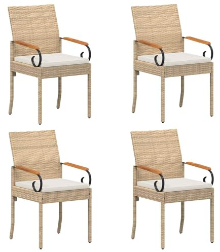 vidaXL Gartenstühle 4 pcs Beige und Cremeweiß Poly-Rattan und Akazie, Akazienstühle, rechteckige Sitzgelegenheit, wetterfeste Polyrattan-Gartenmöbel, bequemes Design
