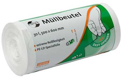 50 Stück DEISS First Müllbeutel 30 Liter - Müllsäcke in weiß - Abfallsack Größe: 50x60 cm, Stärke: 12µ - Mülltüten, Müllsack, Abfallbeutel, 50 Stück/Rolle