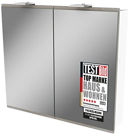 FACKELMANN LED Spiegelschrank Lima/Badschrank mit Soft-Close-System/Maße (B x H x T): ca. 80 x 73 x 15,5 cm/Möbel fürs WC oder Badezimmer/Korpus: Weiß/Front: Braun/Spiegel