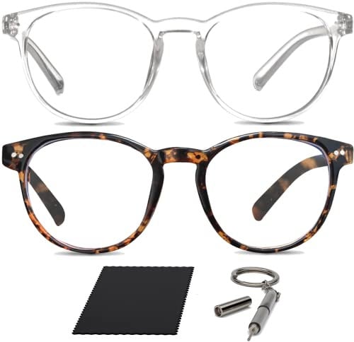 2er-Set Blaulichtfilter Brille | Unisex | Lesen PC-Spiele Bildschirm | Schlaffördernd | Schont die Augen | Für den Gebrauch von digitalen (Klarer, Runder Rahmen und Runder Schildpatt-rahmen)
