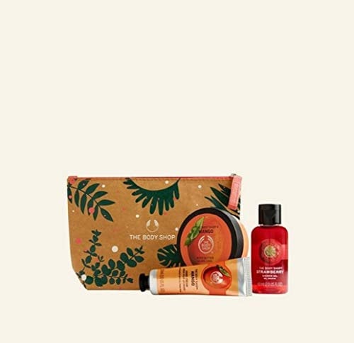 The Body Shop - 4 PC Mini Set Mango Hand Cream, shower gel, Shea Body Butter Zip Bag TRAVEL GYM
