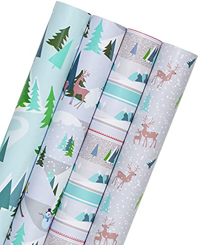 RUSPEPA Weihnachtspapierrolle - Blau-Weißes Eisschneeskifahren Holiday Collection - 4 Rollen - 76 cm X 305 cm Pro Rolle