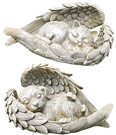 windyday Haustier Grabdeko Gedenkstein Katze Hund Grabschmuck Engelsflügel Harz Statue, Wetterfest Gartenfigur, Katzen Und Hundedenkmal Grabstein, Engel Hund Katze Ornamente Für Drinnen Und Draußen
