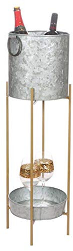 Champagne Bucket Zinc & Gold Ice Cooler On Stand with Bar Serving Tray Dinner Party Entertaining Wine Bucket Ice Tub Accessory Kitchen Dining Room Wine Bottle Cooler