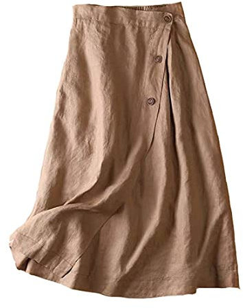 DSKK Falda de Lino para Mujer, Falda de Cintura elástica para Mujer Vestido de Lino,Falda Mujer (Marrón,L,FR/ES,Letras,L)