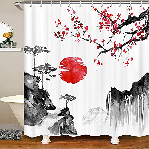 Loussiesd Japanische Ukiyoe Duschvorhang 180x200cm Kirschblüten Rote Sonne Duschvorhang Textil für Kinder Jungen M?dchen Tinte Japanischen Stil Exotischer Stil Dekor