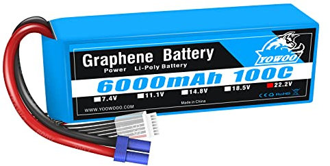 YOWOO Graphene Lipo Batterie 6S 6000mAh 22.2V 100C avec EC5 Plug RC Batteries pour Mikado LOGO500, Align 7.2 700L Yak 54 T-Rex, Align T-Rex 550/ 700E F3C/ 800E RC DJI Avion Voiture Camion Bateau