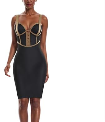 Hybrid & Company Sexy Stretch-Kleid für Damen, enganliegend, figurbetont, attraktives Trägerkleid, Drbdh434-blackgold, Groß