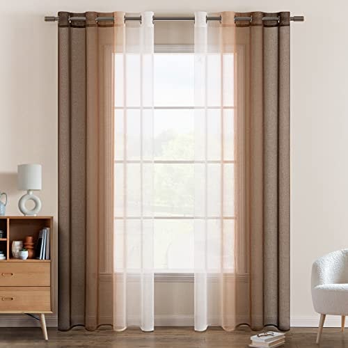 EMEMA Voile Vorhang Zweifarbiger Vorhang mit Ösen Transparente Gardine Ösenschal Fensterschal Lichtdurchlässig für Schlafzimmer 2er Set 140x145cm Weiß Hellkaffee