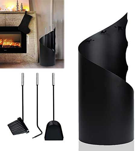LARS360 4tlg Schwarz Kaminbesteck Modern Kamingarnitur, Gute Hitzebeständigkeit, Antifouling, Schön und Langlebig, Einschließlich Besen, Schaufel, Schürhaken, Ständer Stahl Edelstahlgriffe