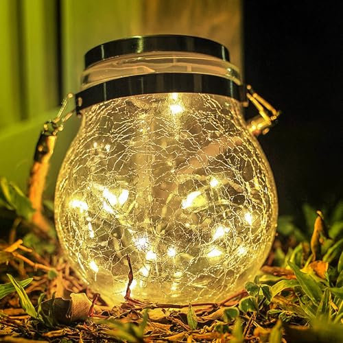 M LEDme - Farolillo Solar Exterior, luz cálida, SphereGlass Linternas Solares de Cristal Craquelado para Jardin, Luz Solar con Soporte Extraíble, Césped, Navidad, 2W, LM8074