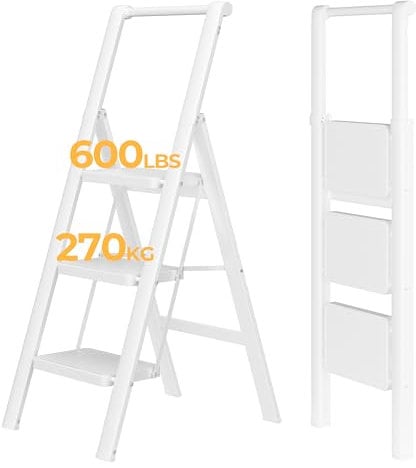 JOISCOPE 3 Stufen Trittleiter Klappbar, Mit Handlauf Haushaltsleiter, Verbreiterten rutschfest Stufen, Multifunktionale Leiter, Tragfähig bis 270KG, Stufenleiter für Haushalt, Büro,Regal,Weiß