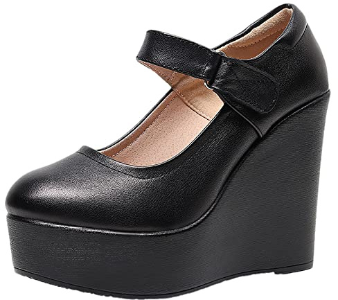 Jamron Donna Piattaforma Alta Tacco a Zeppa Scarpe Mary Jane Gancio e Anello Décolleté in Pelle