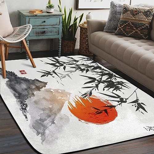 TropicalLife Bambus-Teppich mit roter Sonne, für den Innenbereich, groß, rutschfest, 183 x 122 cm, Japan-Teppiche für Wohnzimmer, Schlafzimmer, Küche, Esszimmer, Kinderzimmer