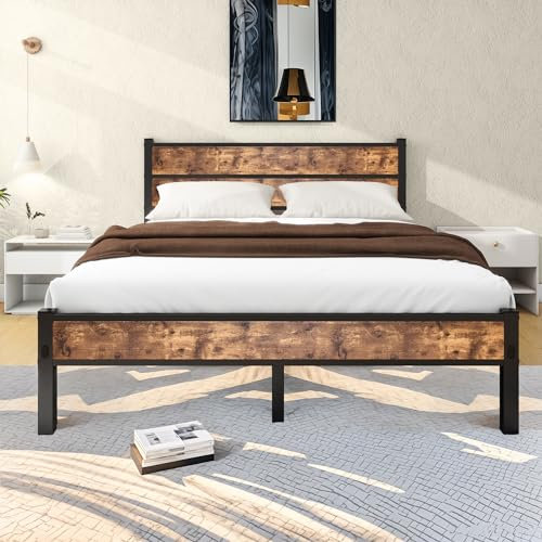 DUMEE King Size Bed Frame with Wooden Headboard Bed Frames King Size Under Bed Storage, No Box Spring Needed, Enhanced Support Noise Free (Black+Brown Oak)