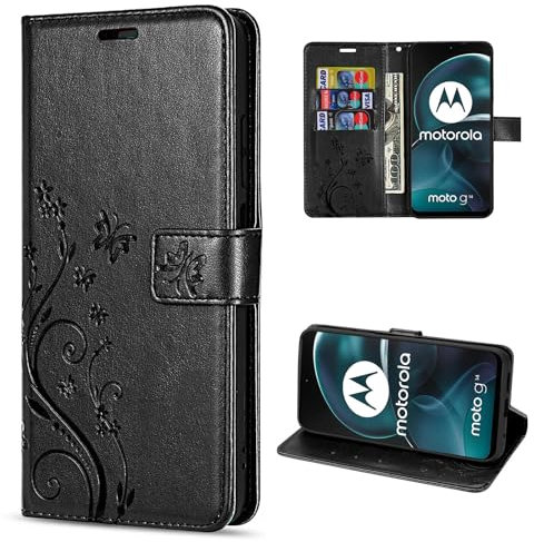 betterfon Hülle Kompatibel mit Motorola Moto G14 | Premium PU Leder Handyhülle Wallet Case für Moto G14 | Schutzhülle Blumen Klapphülle Handyhülle | Schwarz