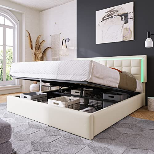 Polsterbett 140x200cm, Hydraulisch Doppelbett mit Lattenrost und LED Kopfteil, Stauraumbett Funktionsbetten Rückenlehne Bettgestell, Lattenrost aus Holz, PU-Oberfläche, Weiß (Ohne Matratze, 140x200cm)