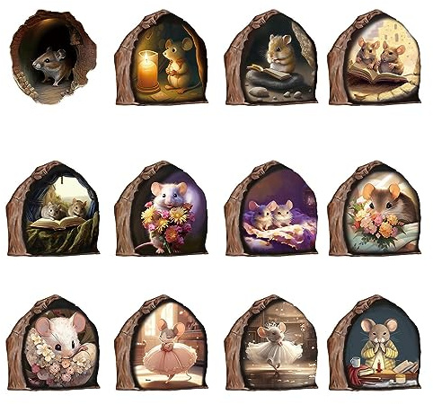 Autocollants Muraux Mignons avec Trou De Souris | 12 Pièces Souris dans Un Trou Stickers Muraux Drôles, PVC Drôle Adorable Peler Et Coller Souris dans Un Trou Décalcomanie, pour Bibliothèque Salon