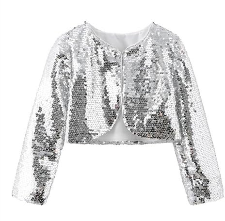 AIMEJZM Mädchen Glänzende Strickjacke Jacke Cover Up Lange Ärmel Schal Mädchen Bolero Shrug für Hochzeit Geburtstag Party Prinzessin Dress up Silber