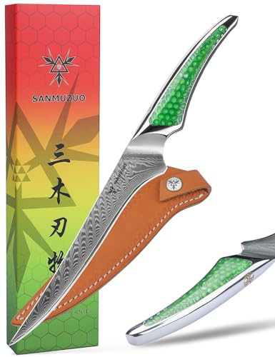 SANMUZUO Coltello per Filettare da 18CM, coltello da cucina giapponese in acciaio damasco VG-10, coltello da disosso ultra affilato con impugnatura a codolo intero in resina verde, serie LA-S9