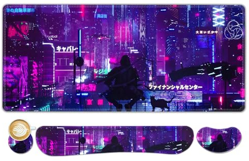 Lauspuck Anime Neon Large Mouse Pad and Keyboard Wrist Rest,Purple Extended Mouse Pad with Wrist Support Ergonomic, Non-Slip Desk Mat, Desk Protector Blotter for Home Office, Warrior Cat