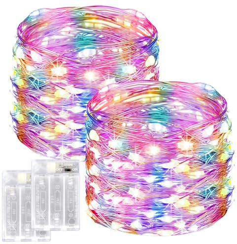 btfarm 2 Stück LED Lichterkette Batterie mit Timer, 12M 120 LED Mini Kupferdraht Lichterkette, Lichterketten Batteriebetrieben (AA Batterie) für Party Weihnachten Hochzeit Innen Deko, Mehrfarbig