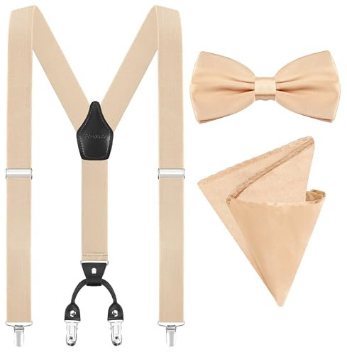Fevaeno Hosenträger für Herren Breit 3.5cm mit Metal Clips Einstellbar und Elastisch Einheitsgröß Hosenträger Fliege Einsteckuch Set Y-Beige