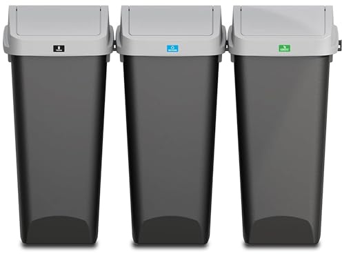 Glad Link & Sort 36 Gallon Waste and Recycle Center - 3x12G (3x45L) Plastic Bin Compartments for Trash, Recycling, Compost with Odor Protection and Swing Top and Lift Up Lids
