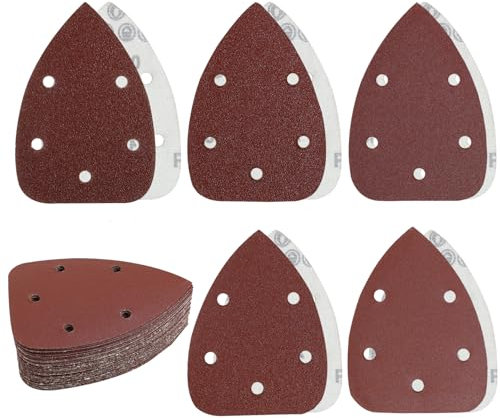 LUCTHY 40Pcs Mouse Sander Pads 5 Hole Sanding Pads, Triangular Sanding Sheets Hook and Loop Assorted 40/60/80/120/180 Grits Sander Paper Compatible with Bosch Sanding Pads