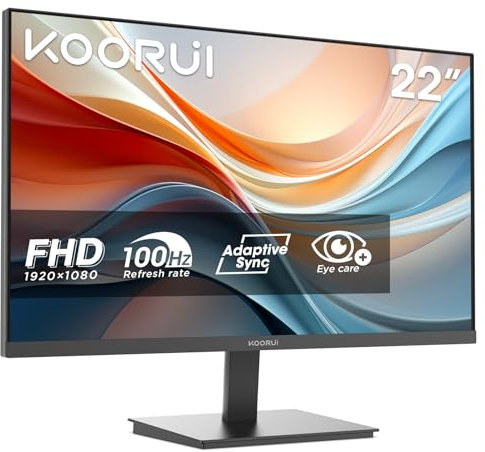 KOORUI E2212F Monitor PC 22 pollici, Full HD VA 100HZ, 5ms, 1920x1080, Schermo PC HDMI1.4 e VGA, VESA 100x100 mm, Inclinazione Regolabile, Pannello ultra Sottile