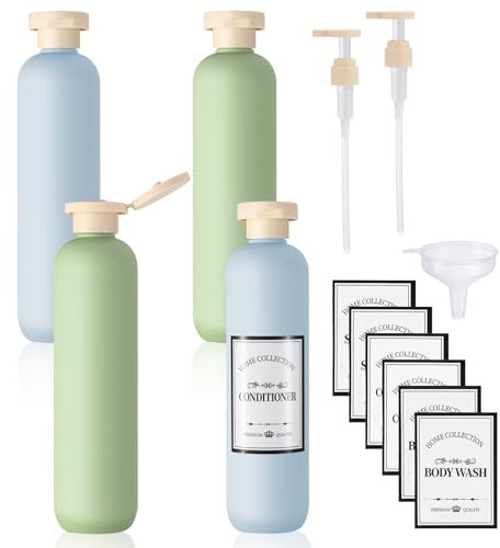 GSrenyu 4Pack Travel Bottles 260ml Leak Proof Squeeze Travel Containers with Pump and Lable, Plastic Empty Squeeze Bottles Refillable Containers for Toiletries Shampoo Conditioner Body Wash