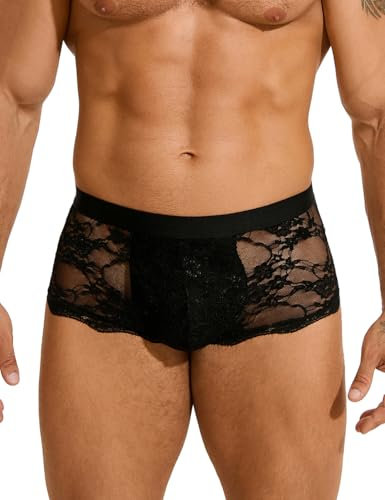 ohyeahlady Sissy Dessous Männer Sexy Boxershorts Spitze Erotische Unterwäsche Herren Reizwäsche Große Größen Unterhosen Ouvert Slip Mesh Underwear mit Bulge Transparent Briefs Clubwear Schwarz L