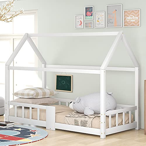 MSMOK Kinderbett Hausbett mit Schornstein Rausfallschutz Robuste Lattenroste,Kiefernholz Haus Bett for Kids 90 x 200 cm ohne Matratze (Weiß)