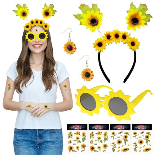 GAROMIA Sonnenblumen Stirnband Mädchen Sonnenblume Haarschmuck Stirnband Damen Sonnenblumen Blütenköpfe Armbänder Sonnenblumen Set für Karneval Mottoparty Sonnenblume Kostüm