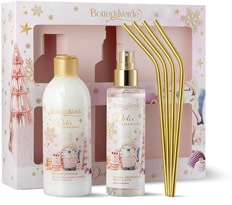 Bottega Verde - Dolce Inverno, Confezione Regalo con Acqua Profumata Corpo 150 ml, Bagnodoccia 250 ml, Cannucce in Acciaio Dorato, in un'Originale Cofanetto, Idea Regalo