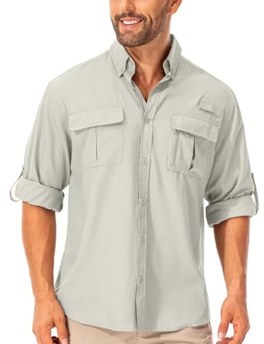mosingle Men's Long Sleeve Hiking Shirt, Sun UV Protection Safari Fishing Outdoor Shirt Quick Drying Lightweight Walking Travel Shirts #5053-Light Khaki-XXL