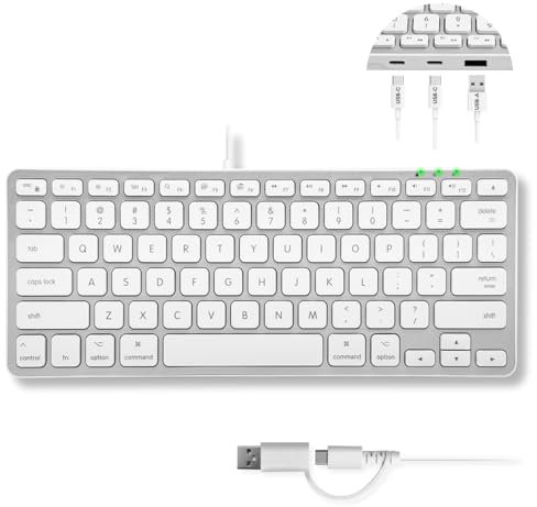 Macally Small Keyboard for Mac with USB Hub (3 Ports) - Wired 2 in 1 USB C + A Plug - Save Space with an Apple Compatible Keyboard (78-Key Layout) - Silver