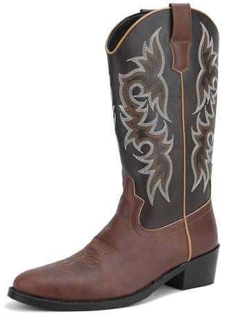Stivali da Cowboy per Uomo Stivali Occidentali Ricamati in Pelle PU con Punta Tonda e Tacco Alto,Coffee Color,46 EU