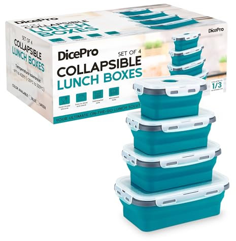 Dice Pro Collapsible Silicone Lunch Boxes – Leak-Proof, BPA-Free, Eco-Friendly Food Storage Containers – Microwave, Dishwasher & Freezer Safe, Space-Saving Bento Box with Lids (Teal)