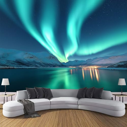 Landschaft Fototapete Nordlichter Berge Tapete, Fototapeten 308X220Cm (B×H) Für Wohnzimmer Schlafzimmer Flur Seidenstoff Tapete Wandtapete, Moderne Wand Tapete Motivtapeten