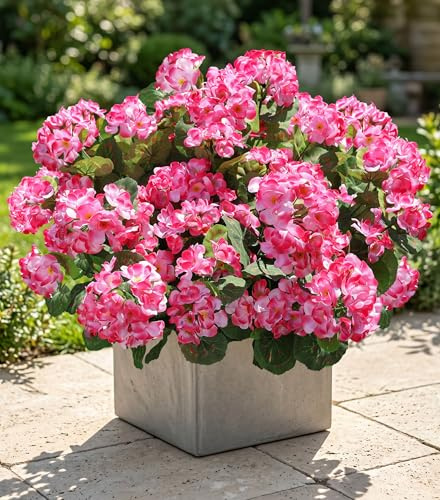Geranio artificiale fiori finti per decorazione esterna, 6 mazzi di gerani di seta rosa resistenti ai raggi UV, piante finte per esterni, porta d'ingresso, giardino, portico, patio, balcone, cortile