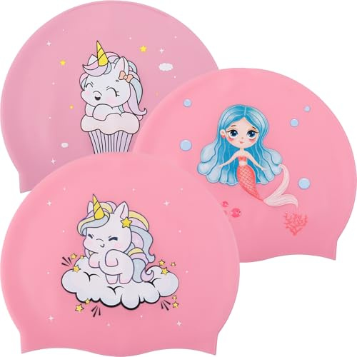EOGRFW 3Stück Badekappe Kinder, Badehaube Silikon Für Mädchen, Rosa Einhorn | Wasserdicht Elastische Badekappe für Langes Und Kurzes Haar, Silikon Schwimmkappe Im Alter Von 6-12 Jahren