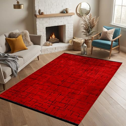 NETLINE HOME Teppich für Wohnzimmer, Schlafzimmer, Küche, Flur, maschinenwaschbar, rutschfest, niedriger Flor, haustierfreundlich, moderne Raumdekoration (Rot, 120 x 180 cm)