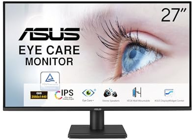 ASUS 27” 1440P Eye Care Monitor (VA27AQ) - IPS, QHD (2560 x 1440), 99% sRGB, Frameless, HDMI, DisplayPort, VGA, 1ms, Speakers, Low Blue Light, Flicker Free, VESA Wall Mountable, 3 yr Warranty
