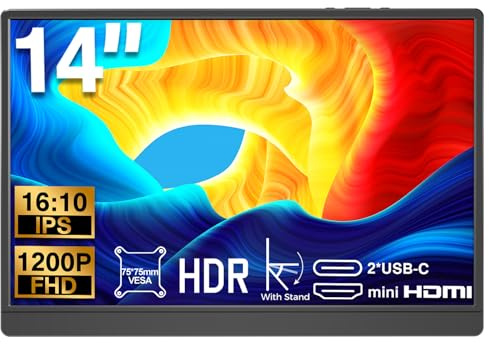 DHPL Monitor portatile da 14 pollici, FHD 1920 x 1200 IPS16:10 con supporto integrato, USB-C/HDMI Plug and Play, compatibile con laptop, PC, Mac, cellulare, PS5, PS4, Xbox, Switch