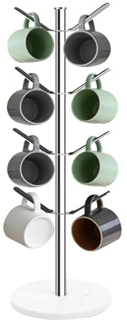 Owfeel Marble Mug Holder Tree with 8 Hooks, Stainless Steel, Silver | Weighted marble base and padded hooks organize up to 8 standard mugs on kitchen counters, coffee bars, cabinets, or cafes.