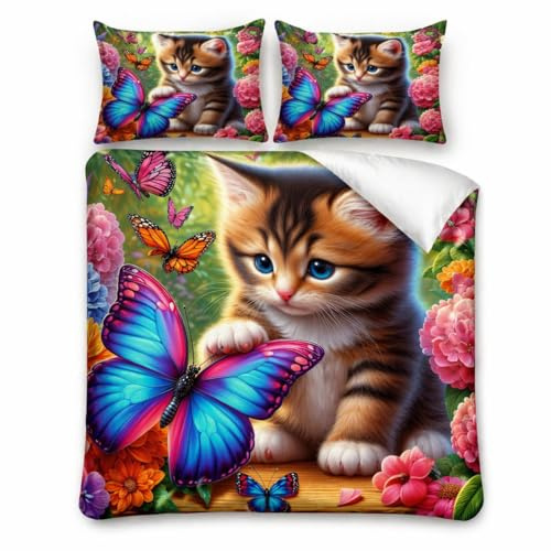 WSFST Katzen Bettwäsche 135x200 Set – Niedliches Kätzchen mit Schmetterling & Blumen, Mikrofaser Bettbezug 135x200 + Kissenbezug 80x80, Kinder Mädchen Bettwäsche Bunt